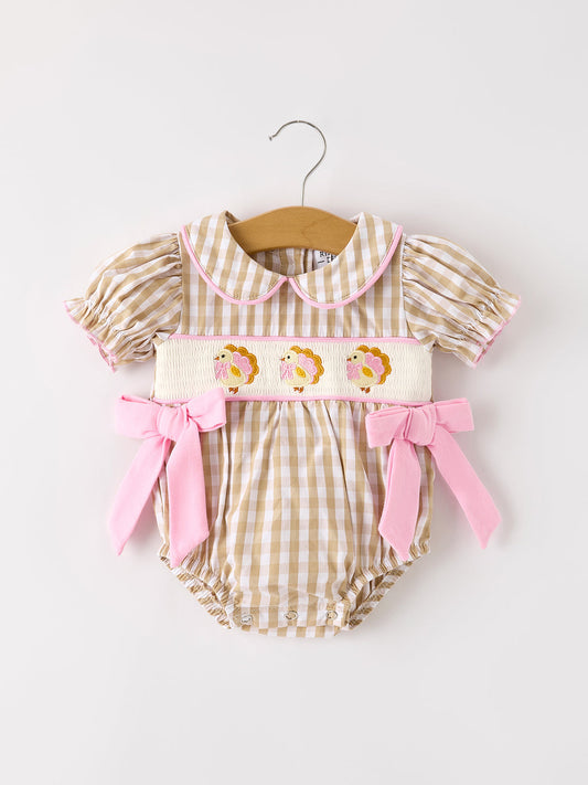 Fall Thanksgiving Beige Turkey Embroidery Smocking Girl Bubble Rylee Faith