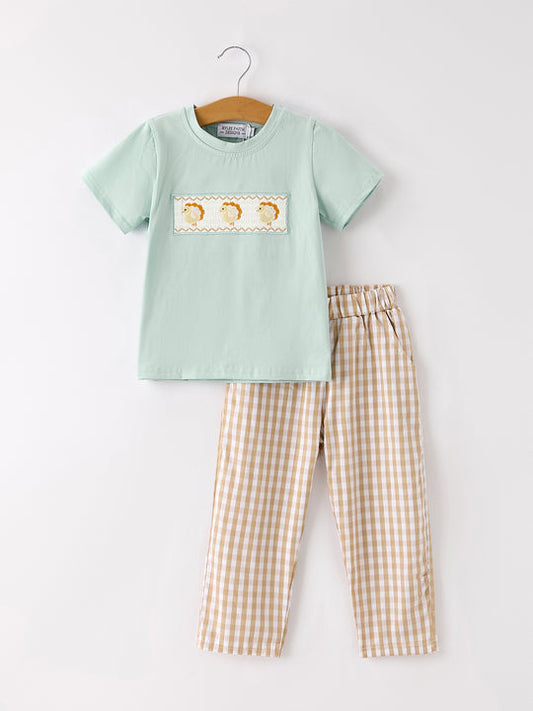 Fall Thanksgiving Beige Turkey Embroidery Smocking Boy 2 Pc Set Rylee Faith