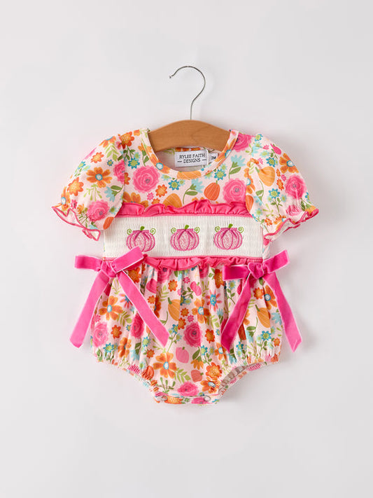 Autumn Colorful Floral Smocked Pumpkin Embroidered Girl Romper Rylee Faith