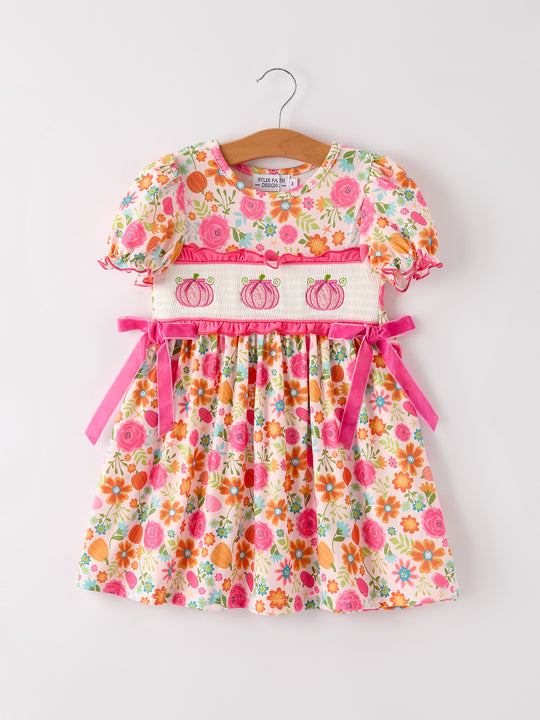 Autumn Colorful Floral Smocked Pumpkin Embroidered Girl Dress Rylee Faith