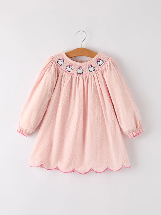 Autumn Halloween Light Pink Ghost Embroidery Smocked Floral Baby Girl Dress Rylee Faith