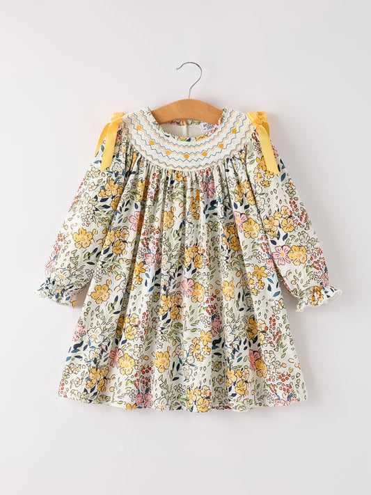 Fall Embroidery Smocking Bow Floral Leaf Baby Girl Dress Rylee Faith