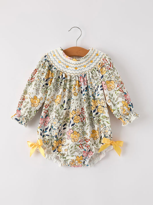 Fall Embroidery Smocking Bow Floral Leaf Baby Girl Romper Rylee Faith