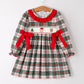 Christmas Plaid Santa Embroidered Machine Smocked Bow Plaid Girls Dress Rylee Faith