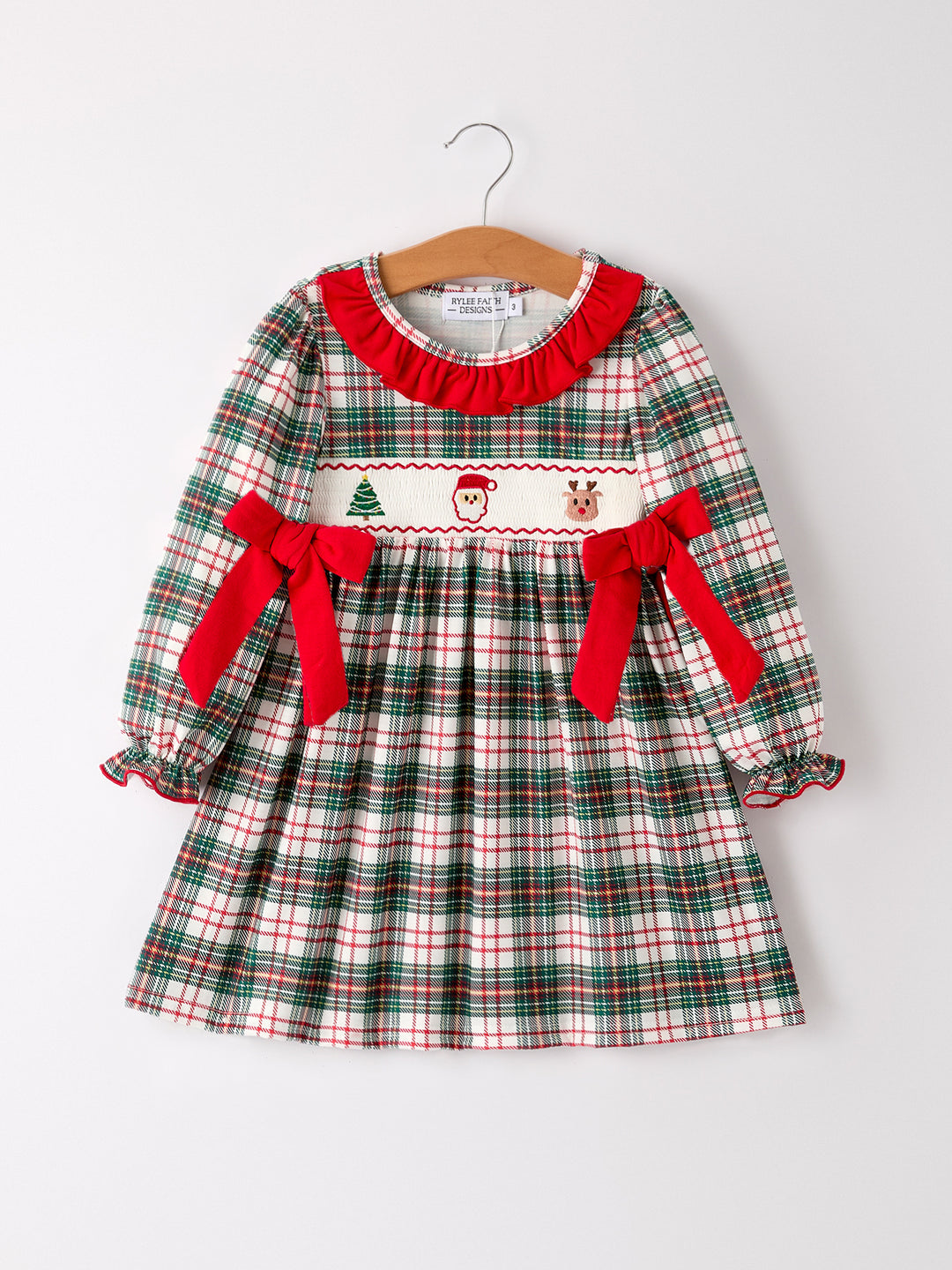 Christmas Plaid Santa Embroidered Machine Smocked Bow Plaid Girls Dress Rylee Faith