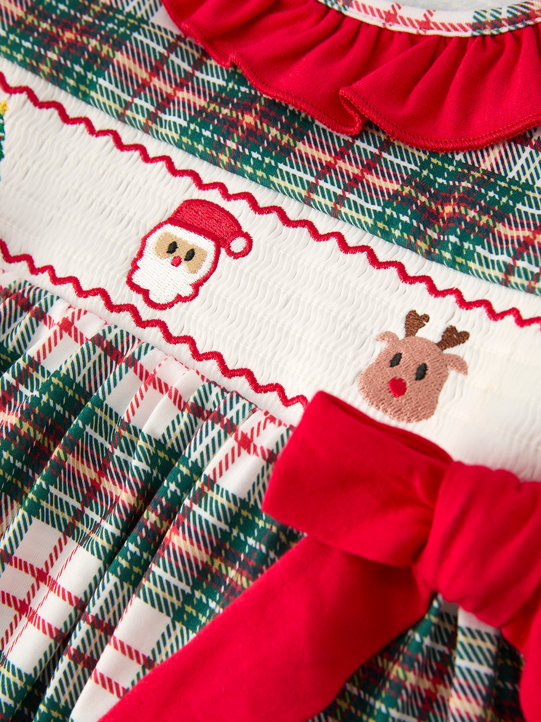 Christmas Plaid Santa Embroidered Machine Smocked Bow Plaid Girls Dress Rylee Faith