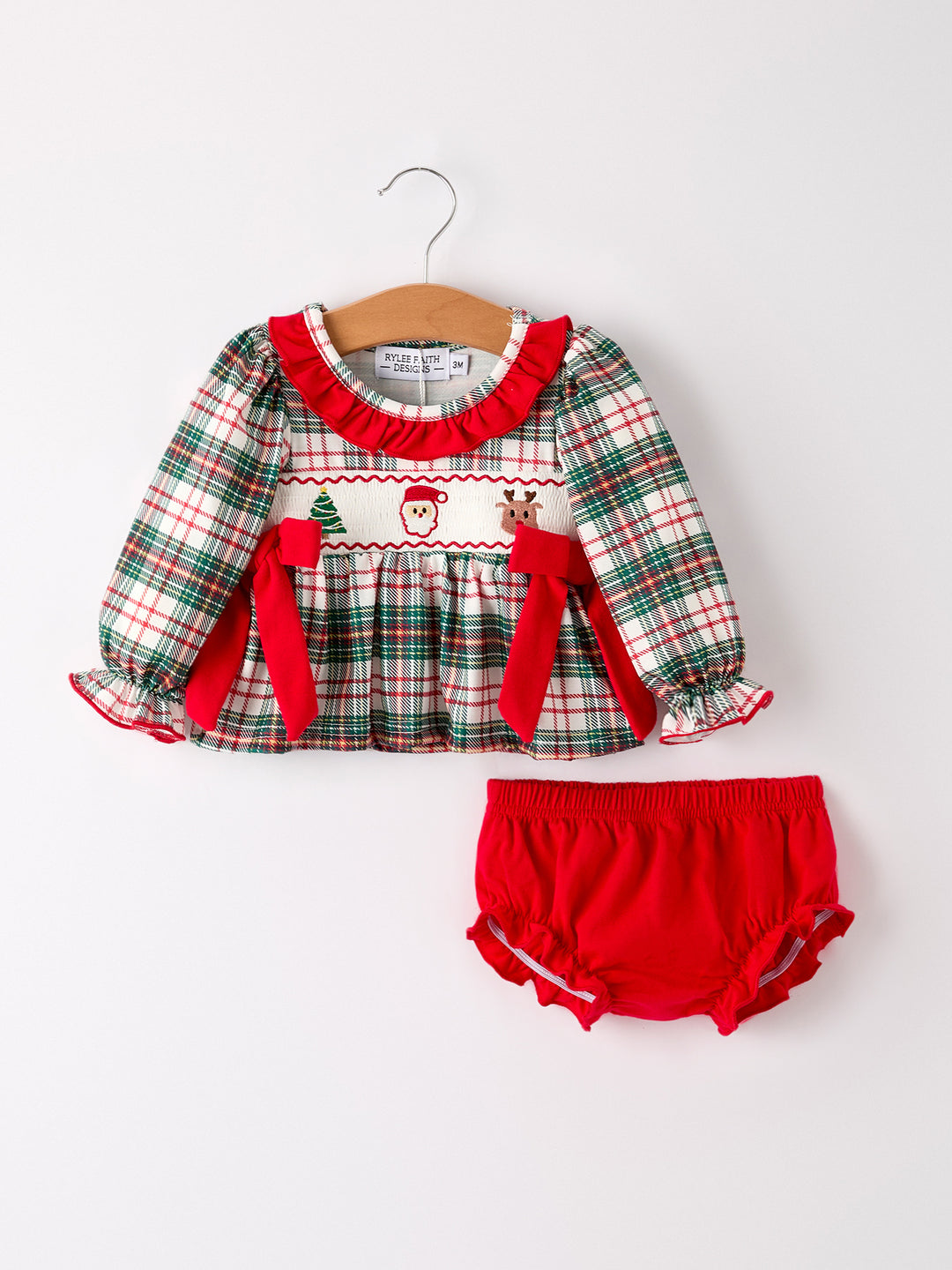 Christmas Plaid Santa Embroidered Girls Bloomer Set Rylee Faith