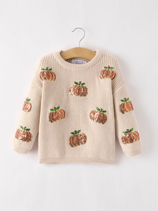 Beige Thanksgiving Pumpkin Sequin Sweater Rylee Faith