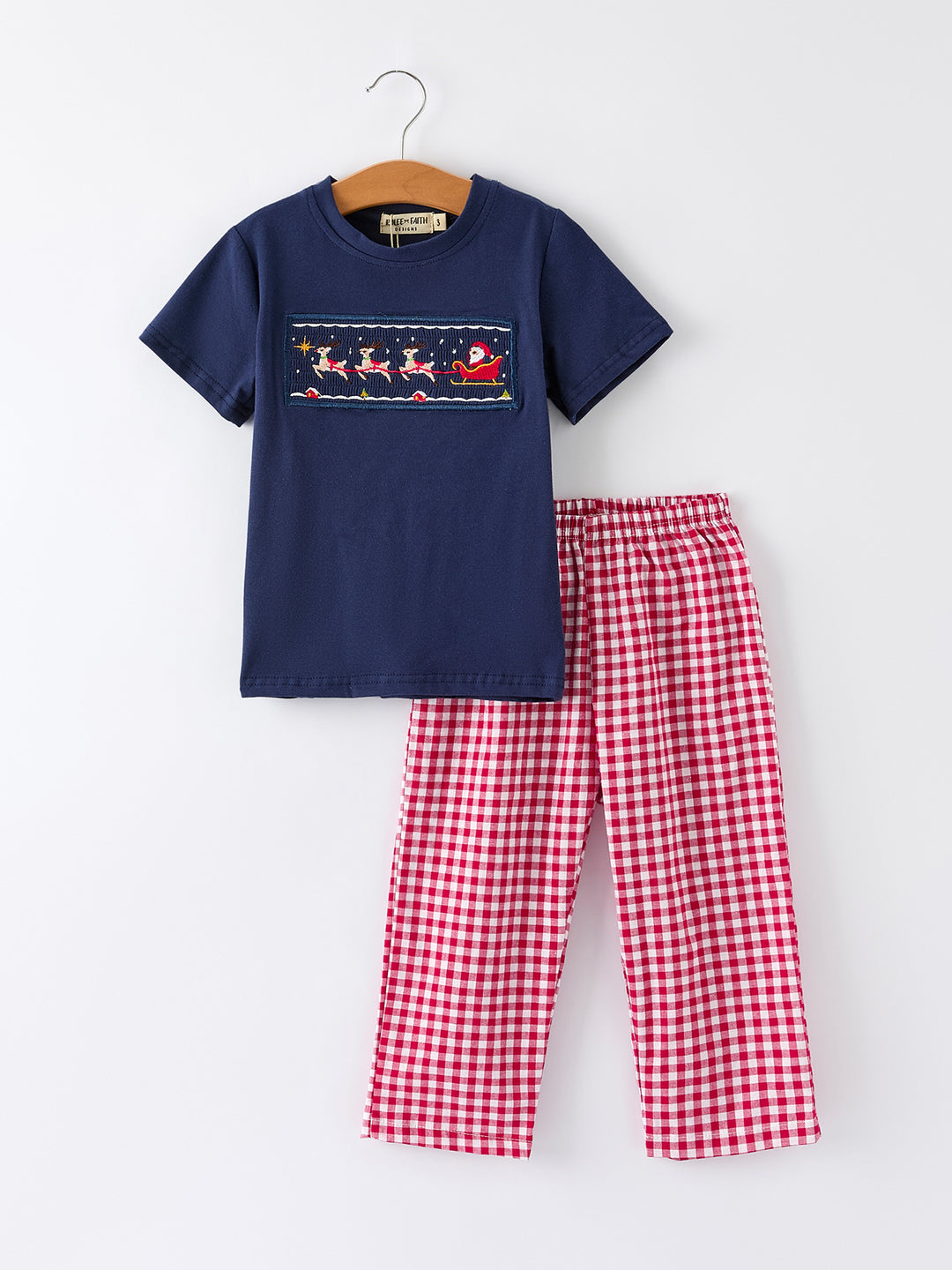 Christmas Navy with Santa Sleigh Machine Smocked Boy Pants Set Rylee Faith