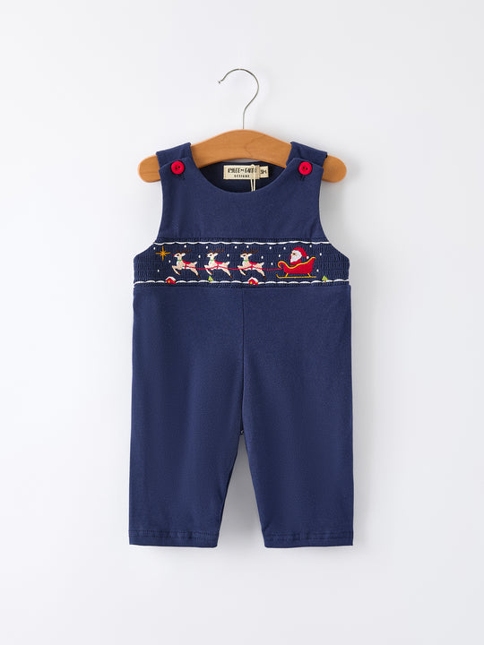 Christmas Navy with Santa Sleigh Machine Smocked Jonjon Rylee Faith