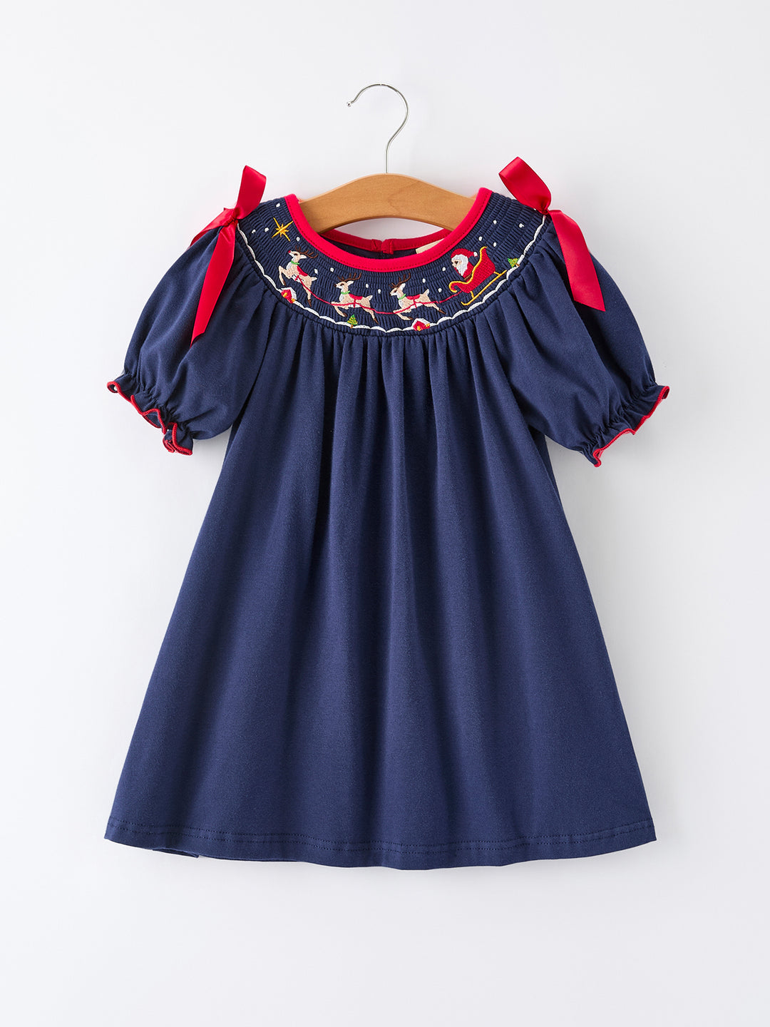 Christmas Navy with Santa Sleigh Machine Smocked Dress Rylee Faith