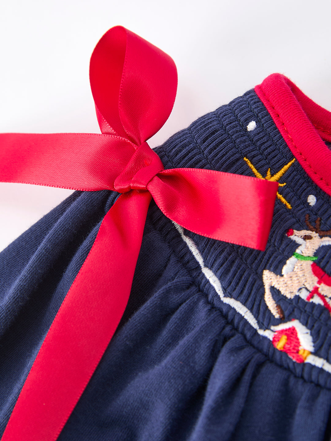 Christmas Navy with Santa Sleigh Machine Smocked Dress Rylee Faith