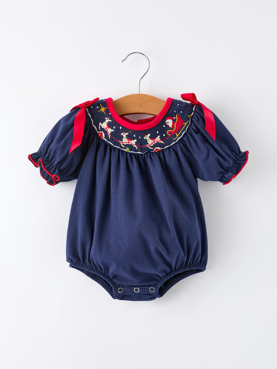 Christmas Navy with Santa Sleigh Machine Smocked Girls Bubble Rylee Faith