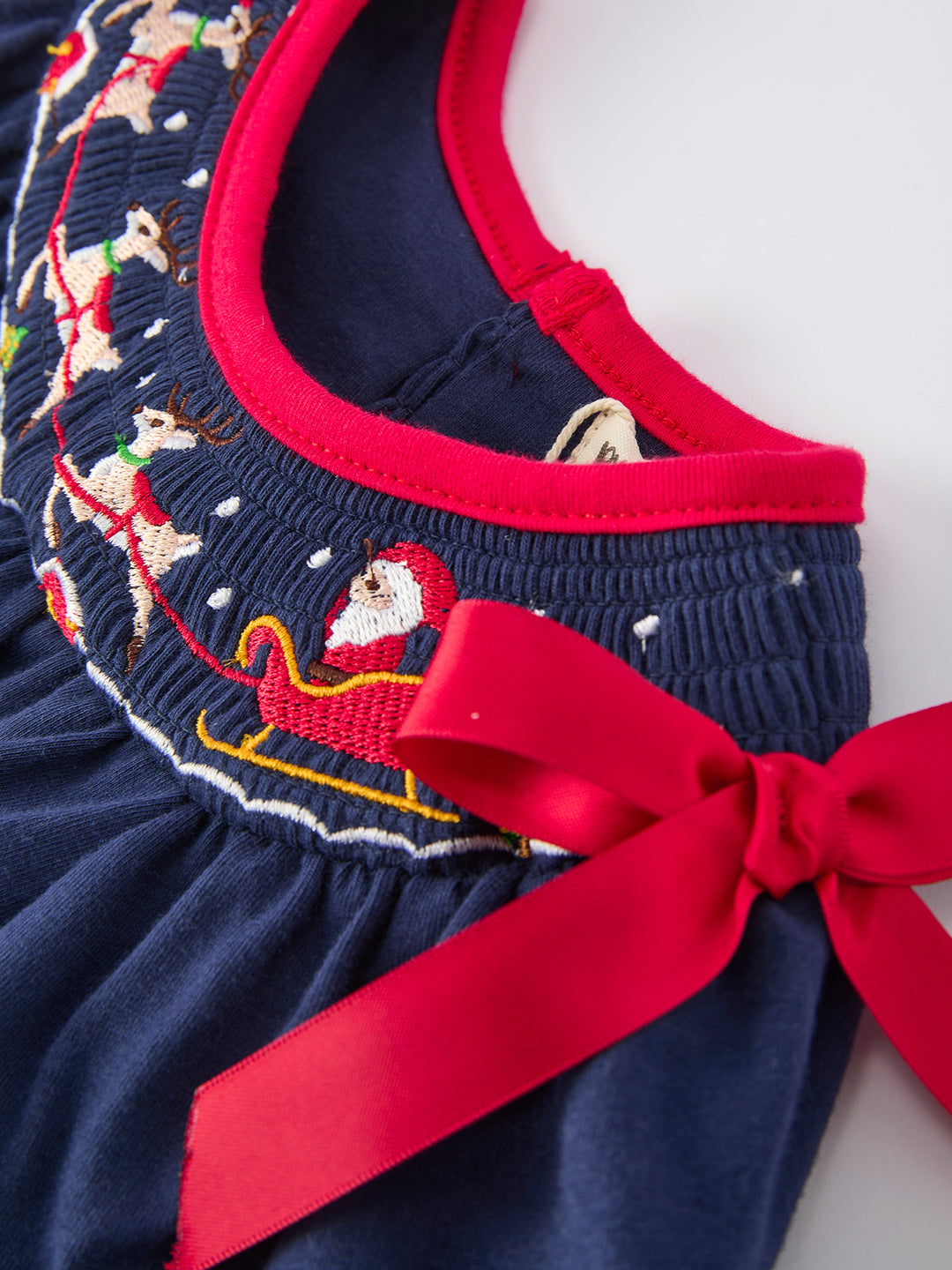 Christmas Navy with Santa Sleigh Machine Smocked Girls Bubble Rylee Faith