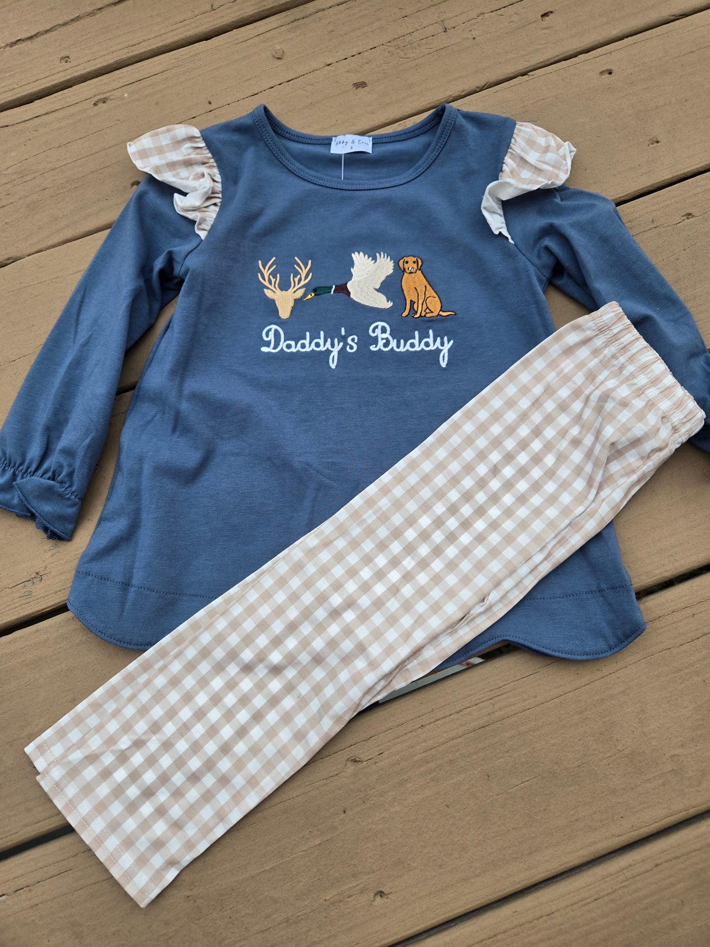 Daddy's Buddy Navy Hunting Ruffle Embroidery Girl 2 Pc Set Honeydew