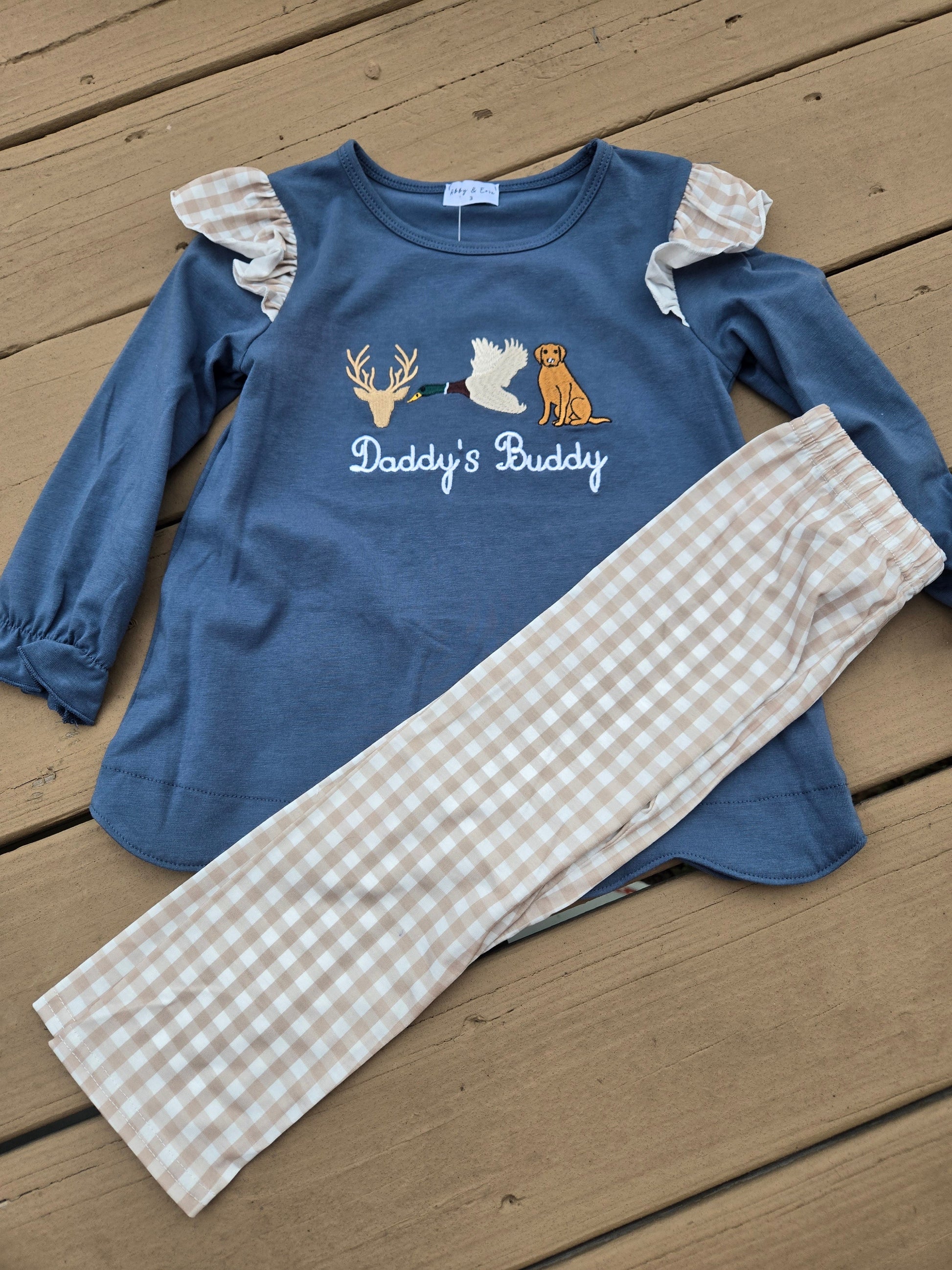 Daddy's Buddy Navy Hunting Ruffle Embroidery Girl 2 Pc Set Honeydew