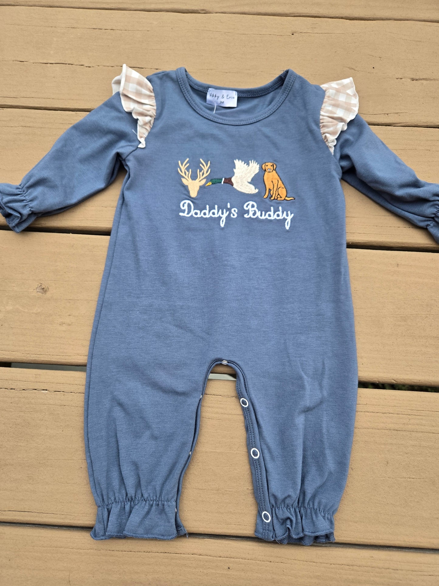 Daddy's Buddy Navy Hunting Ruffle Embroidery Girl Romper Honeydew