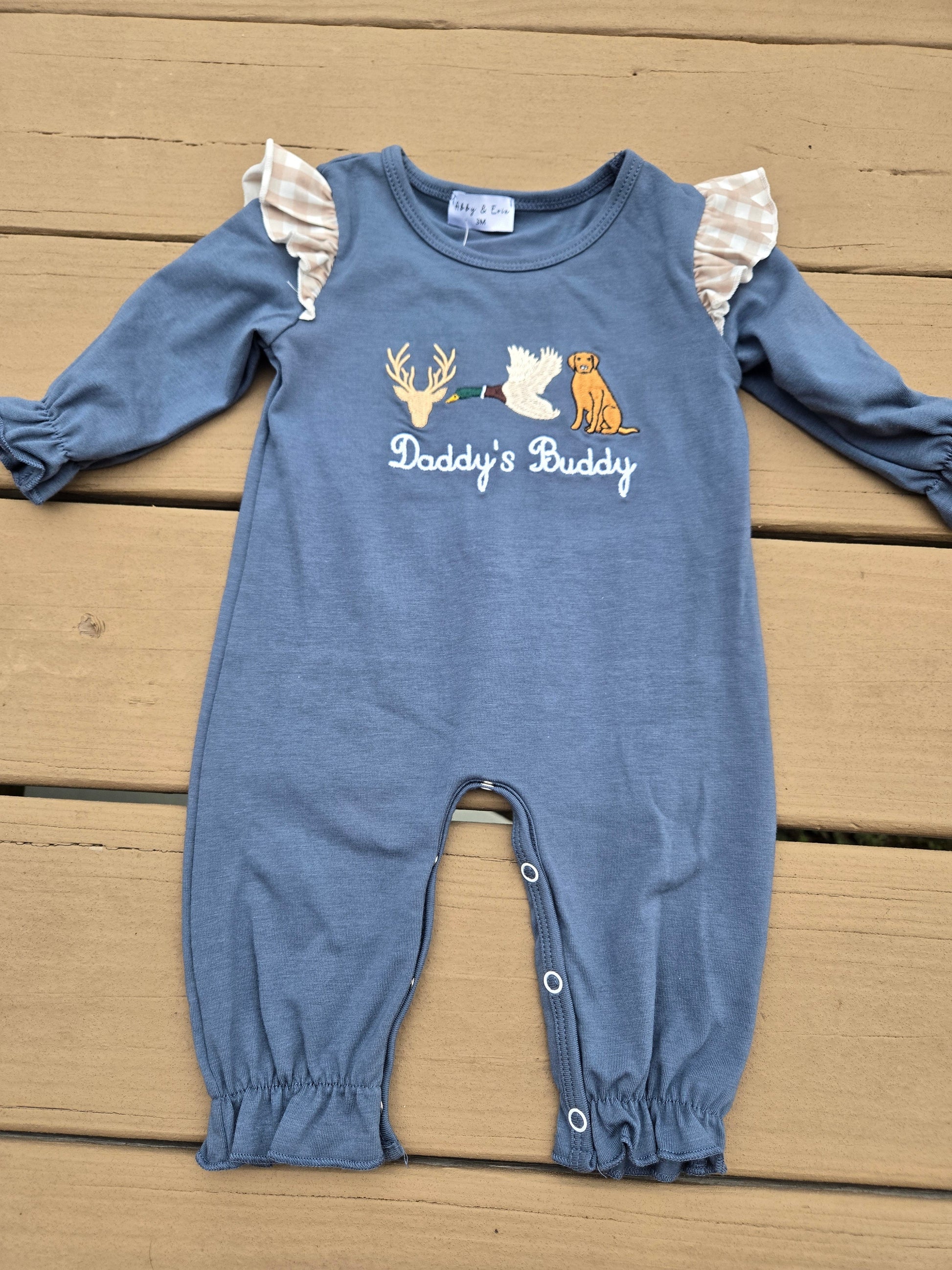 Daddy's Buddy Navy Hunting Ruffle Embroidery Girl Romper Honeydew