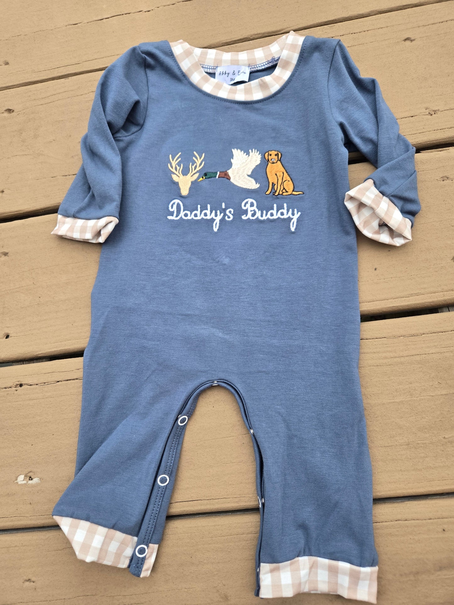 Daddy's Buddy Navy Hunting Embroidery Boy Romper Honeydew
