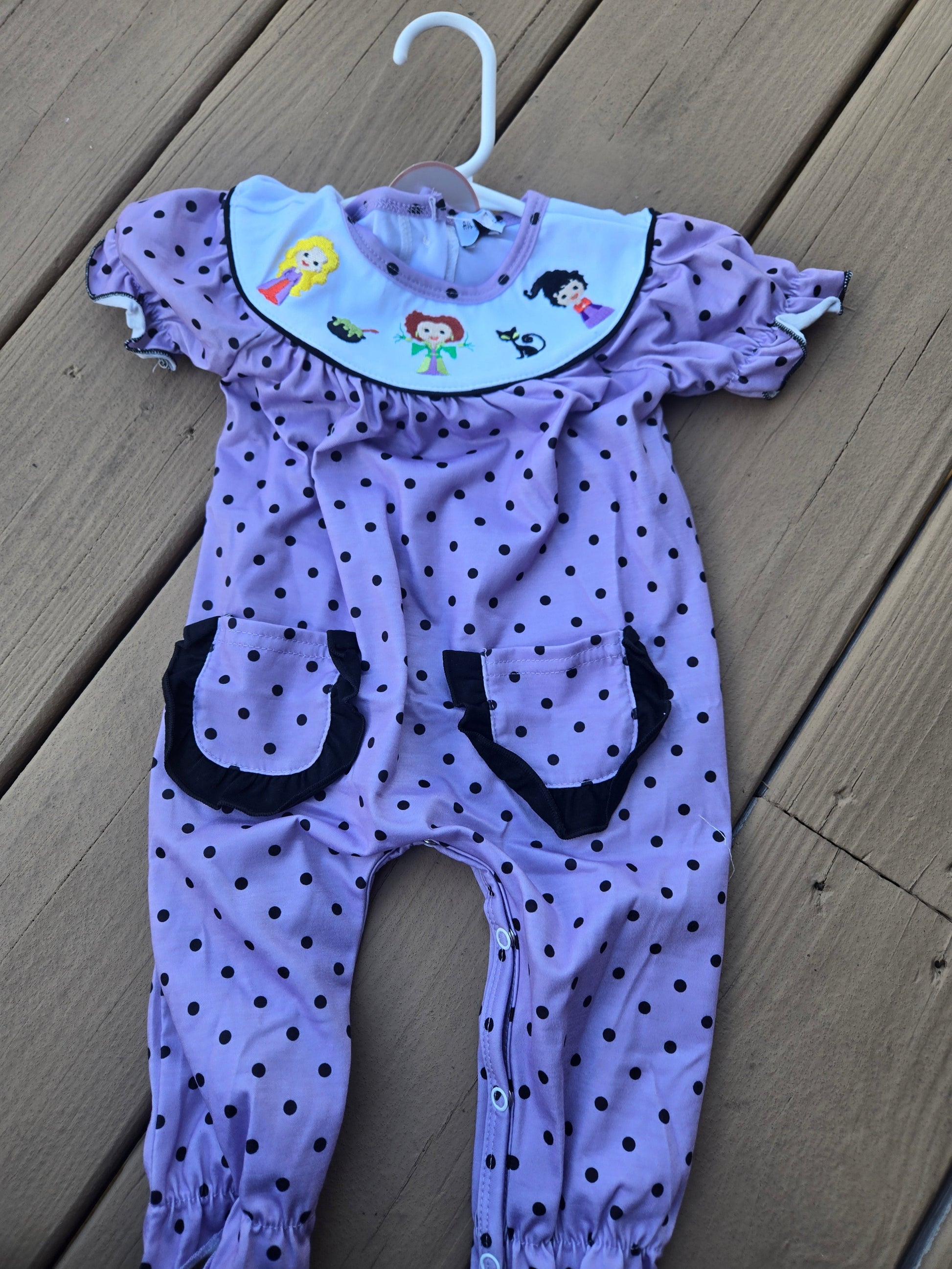 Purple Halloween Dot HP Witch Embroidery Long Romper Honeydew