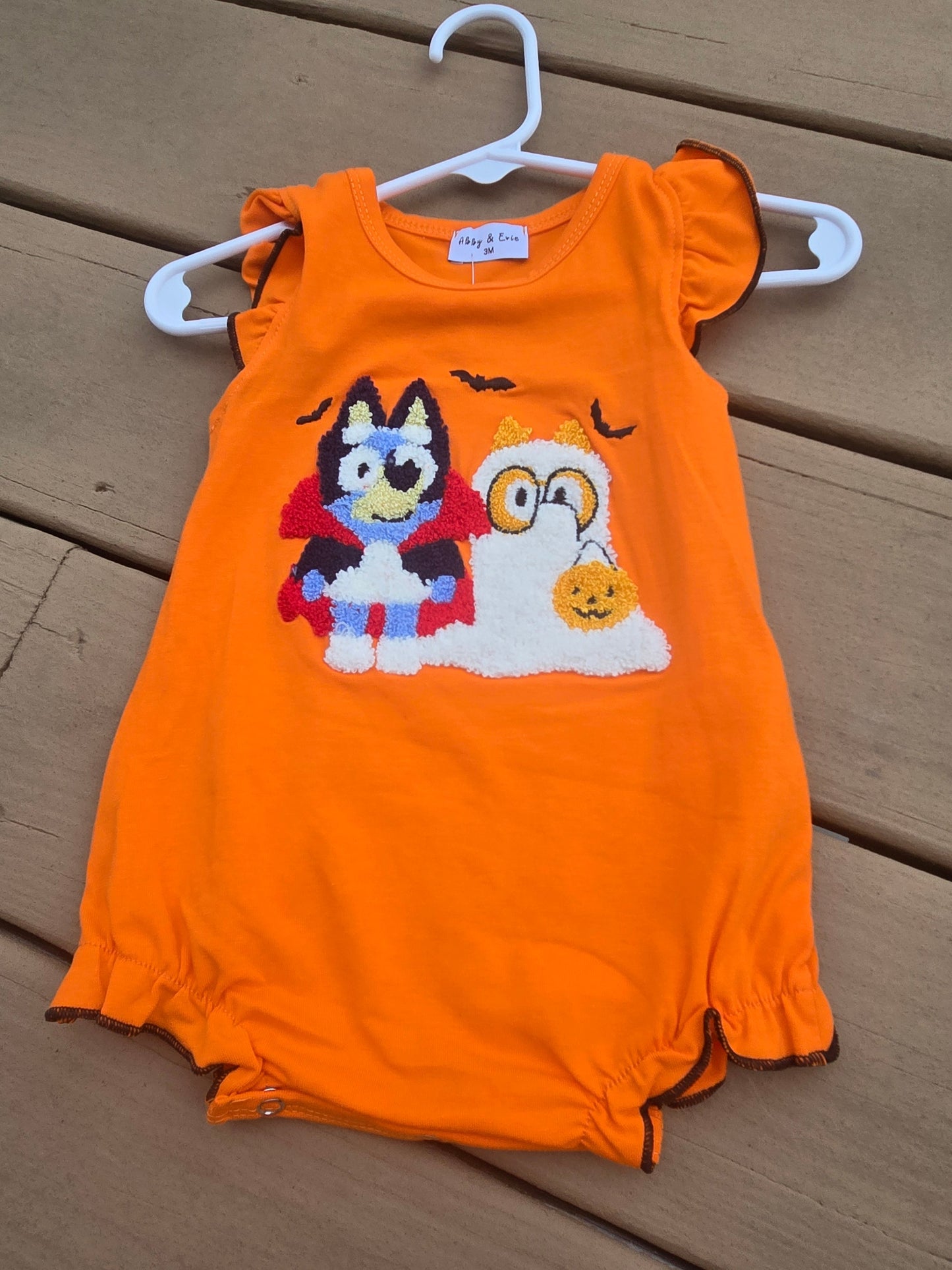 Orange Blue Dog Halloween French Knot Girl Romper Honeydew