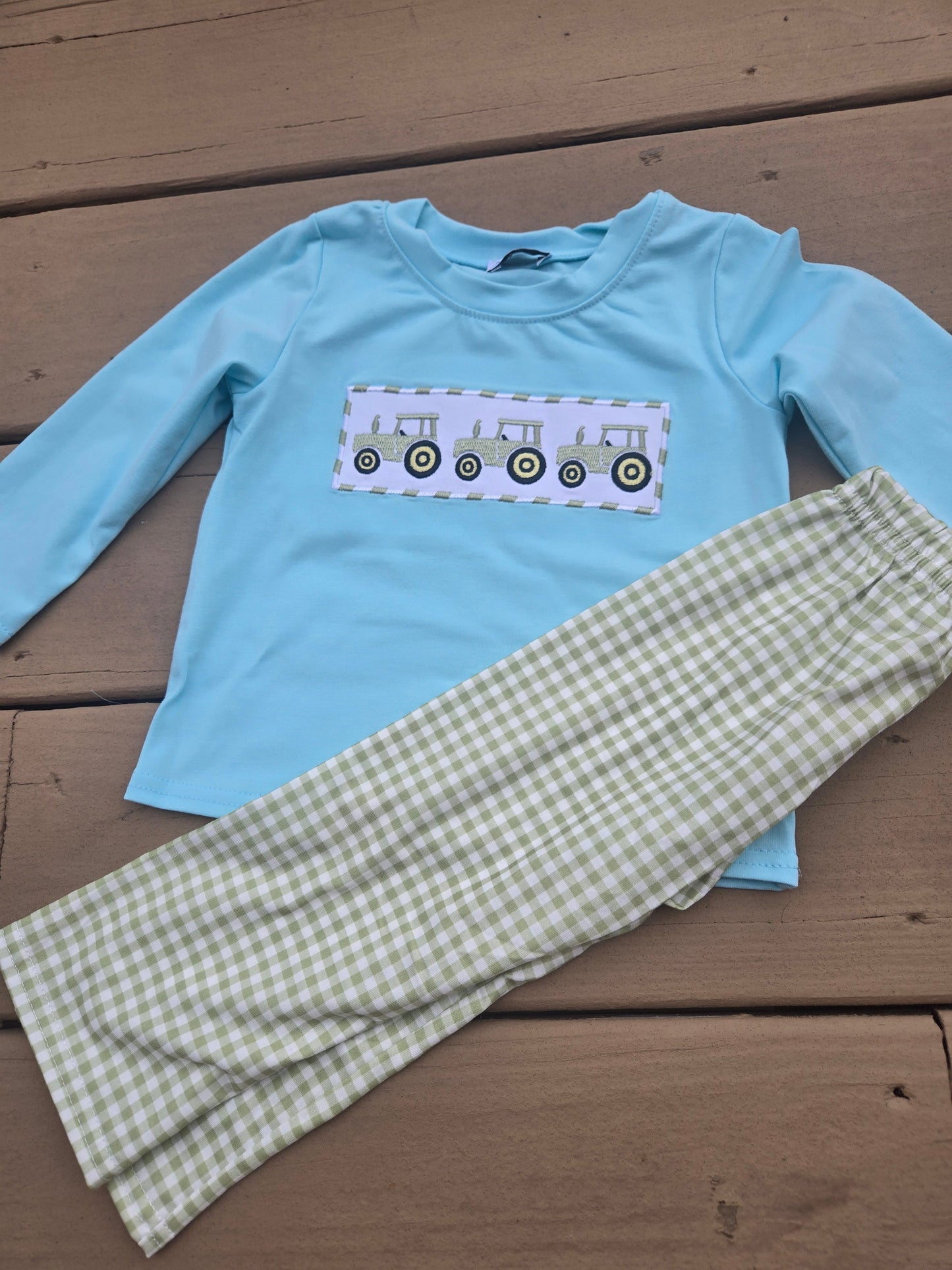 Blue Tractor Embroidery Boy Pants Set Honeydew