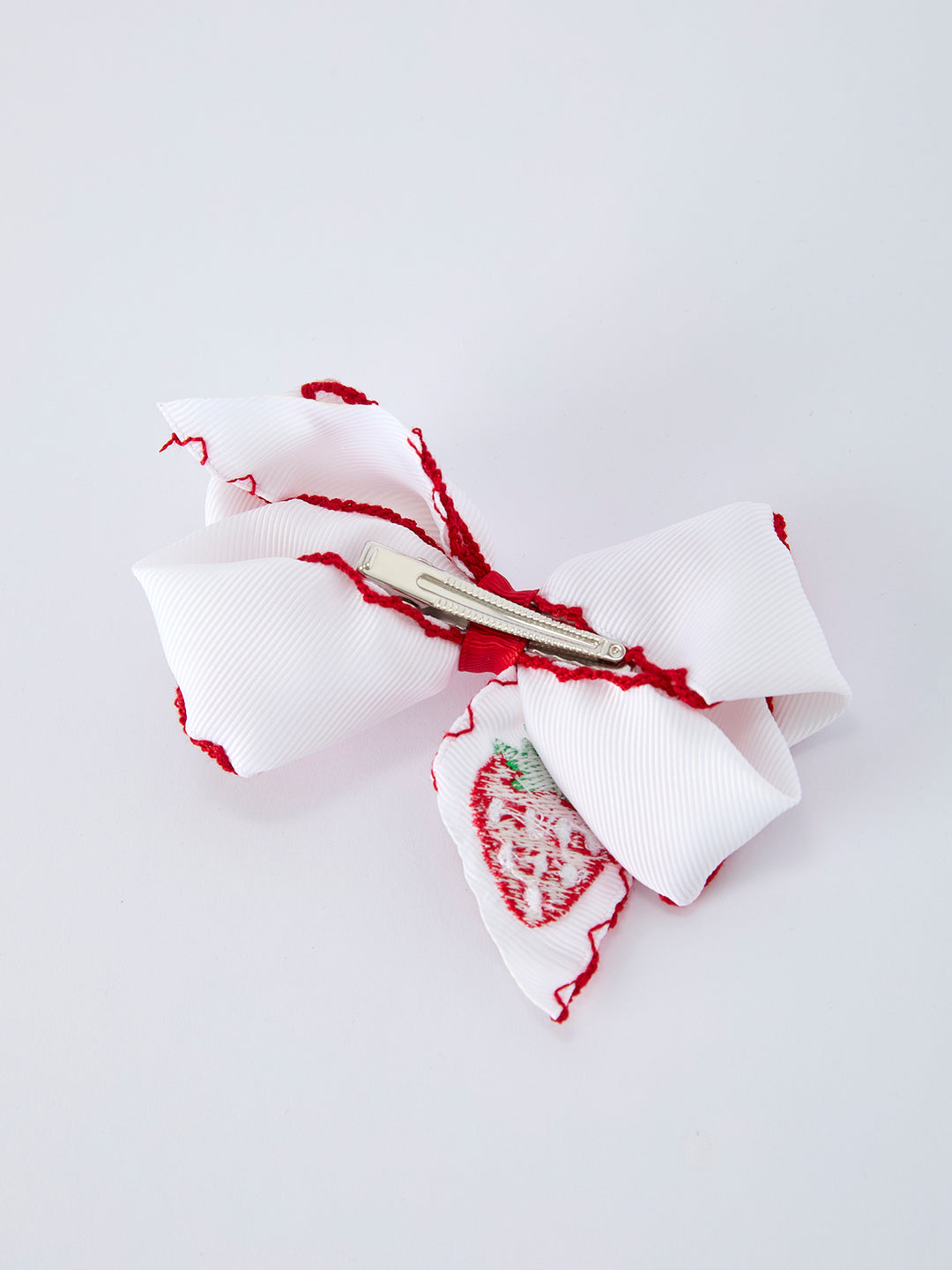 Strawberry Embroidered Girls Hairpin Bow 4 Inches - White Rylee Faith