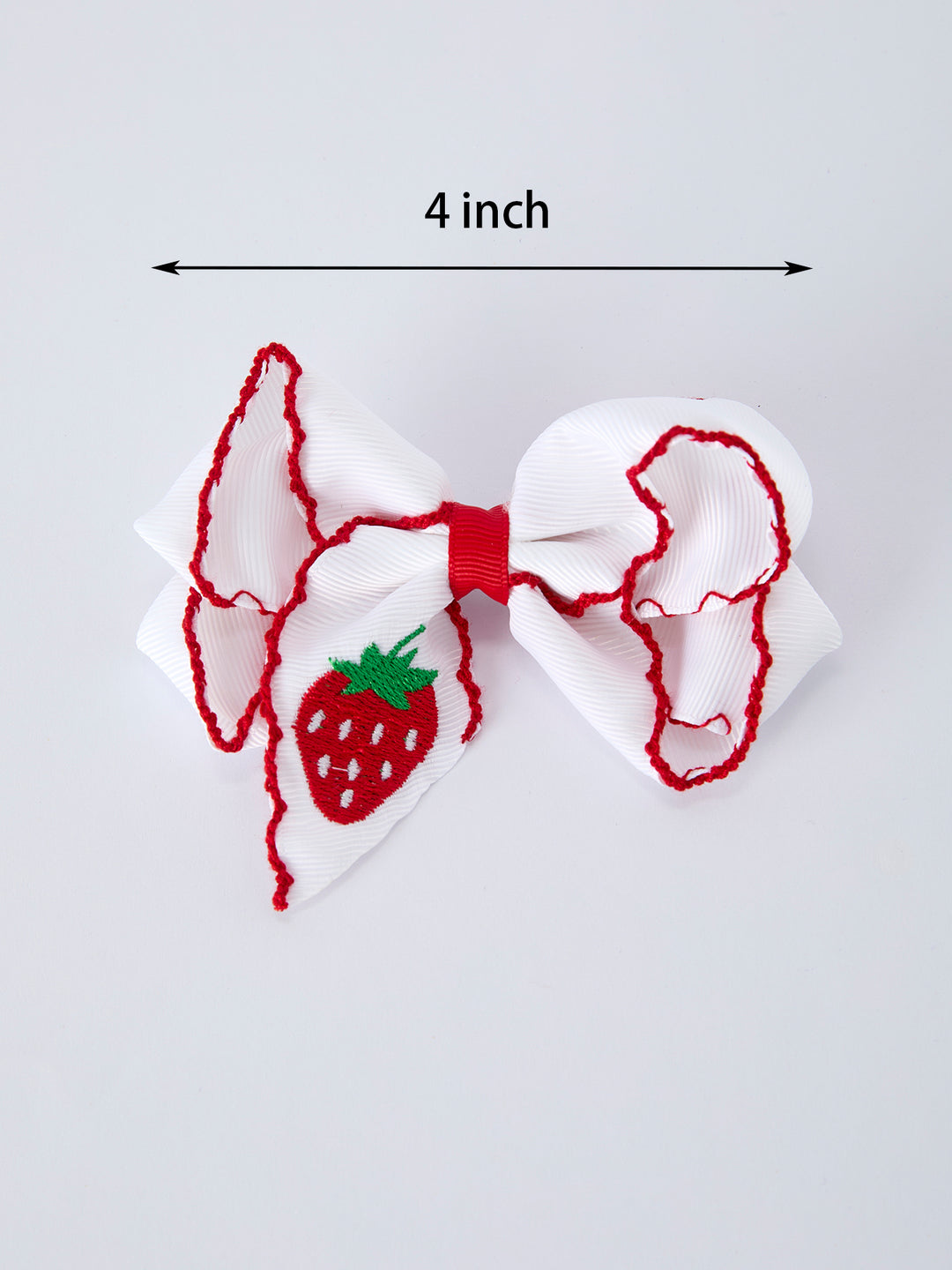 Strawberry Embroidered Girls Hairpin Bow 4 Inches - White Rylee Faith