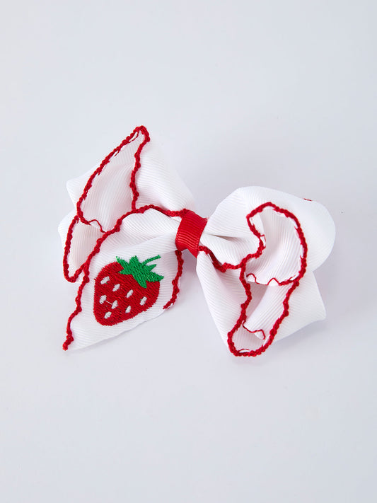 Strawberry Embroidered Girls Hairpin Bow 4 Inches - White Rylee Faith