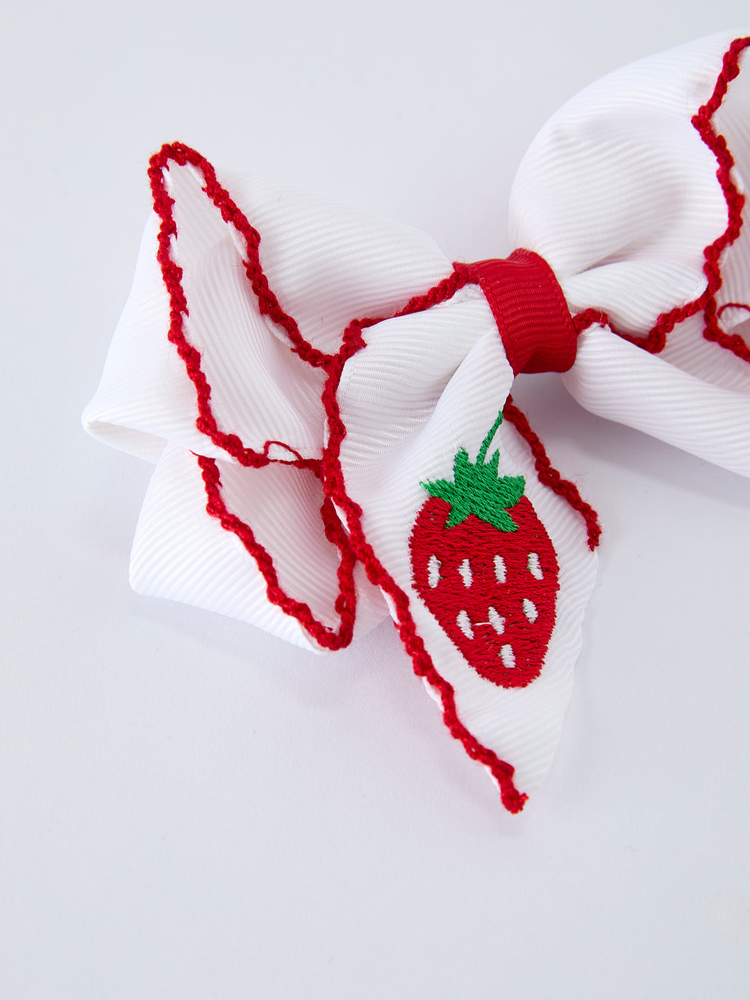 Strawberry Embroidered Girls Hairpin Bow 4 Inches - White Rylee Faith