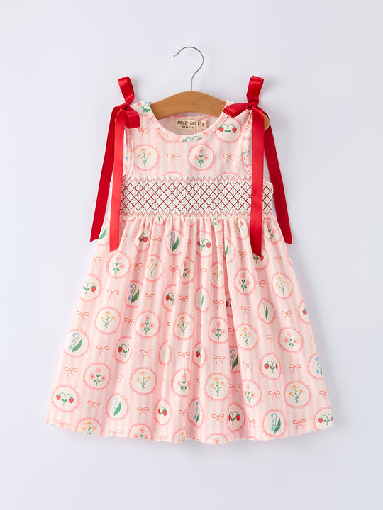 Spring Pink Floral Bow Smocked Girl Dress Rylee Faith