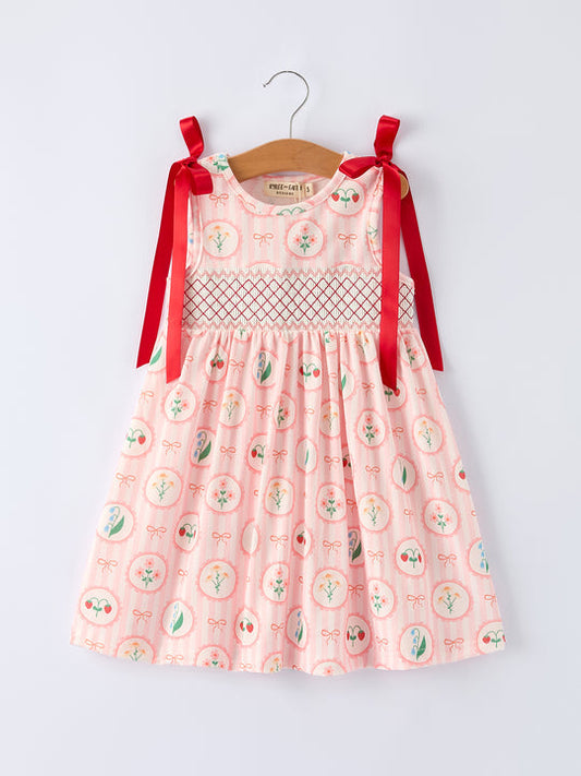 Spring Pink Floral Bow Smocked Girl Dress Rylee Faith