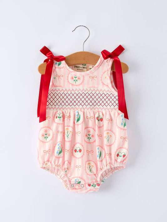 Spring Pink Floral Bow Smocked Girl Romper Rylee Faith