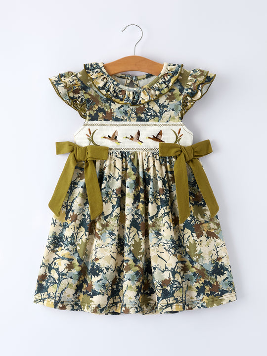 Camo Duck Smocked Bow Ruffle Sleeves Girls Dress Rylee Faith