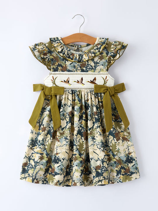 Camo Duck Smocked Bow Ruffle Sleeves Girls Dress Rylee Faith