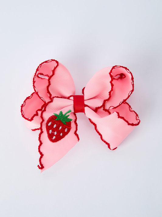 Strawberry Embroidered Girls Hairpin Bow 4 Inches - Pink Rylee Faith