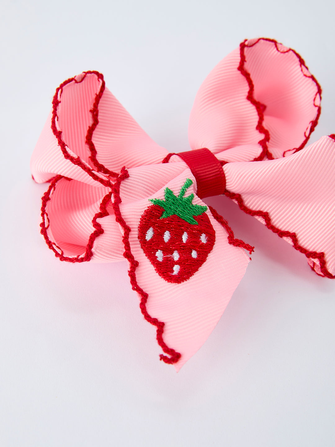 Strawberry Embroidered Girls Hairpin Bow 4 Inches - Pink Rylee Faith
