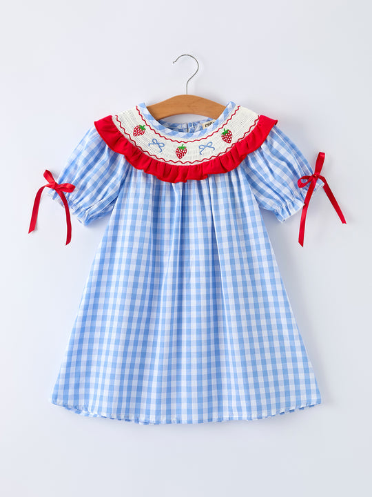 Girls Summer Strawberry Bow Embroidered Smocked Dress Rylee Faith
