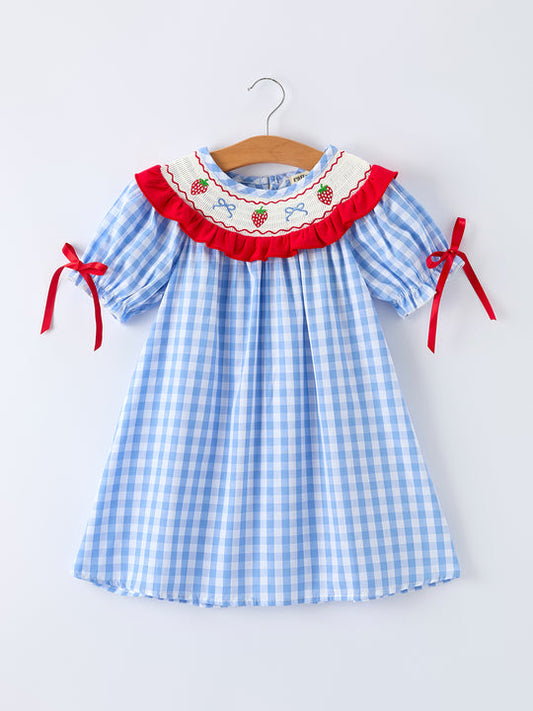 Girls Summer Strawberry Bow Embroidered Smocked Dress Rylee Faith