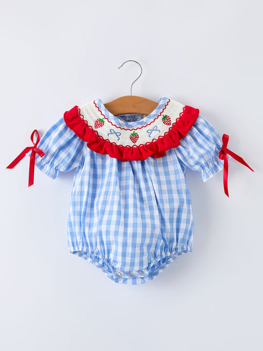 Girls Summer Strawberry Bow Embroidered Smocked Romper Rylee Faith