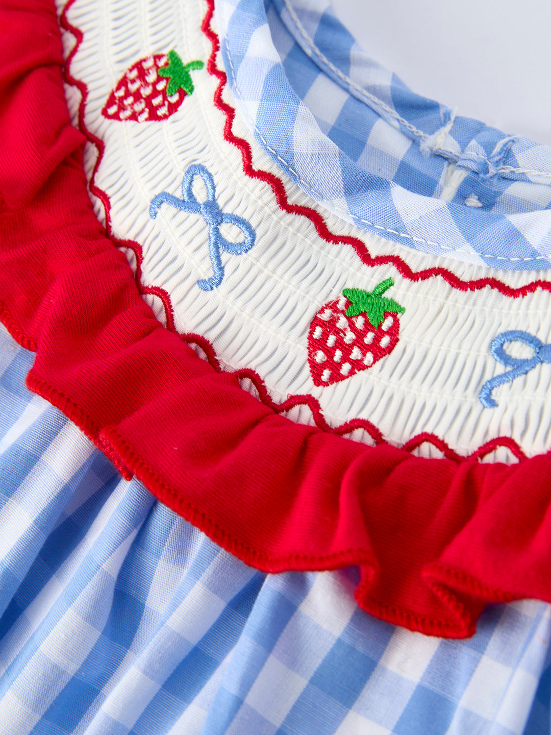Girls Summer Strawberry Bow Embroidered Smocked Romper Rylee Faith