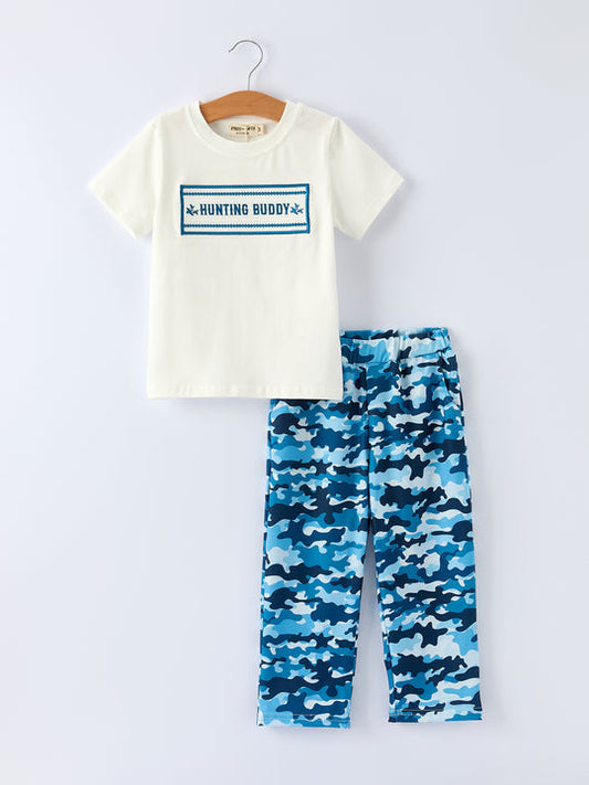 Camouflage "Hunting Buddy" Smocking Embroidery Boys Outfit Rylee Faith