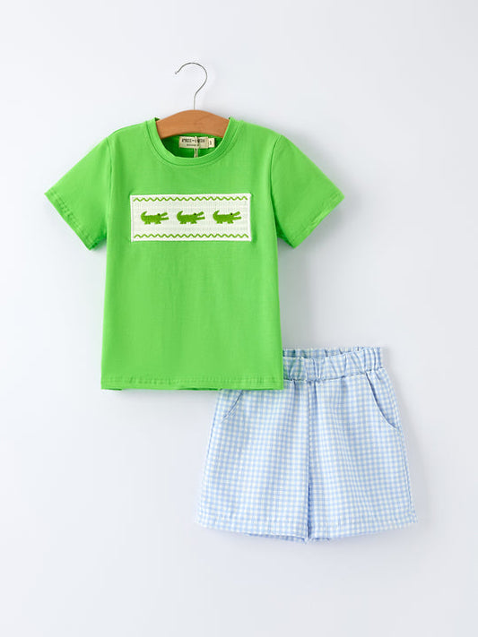 Toddler Boys Summer Crocodile Embroidered Plaid Shorts Set Rylee Faith