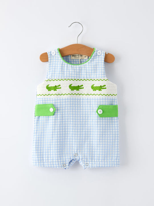 Baby Boys Summer Crocodile Embroidered Smocked Romper Rylee Faith
