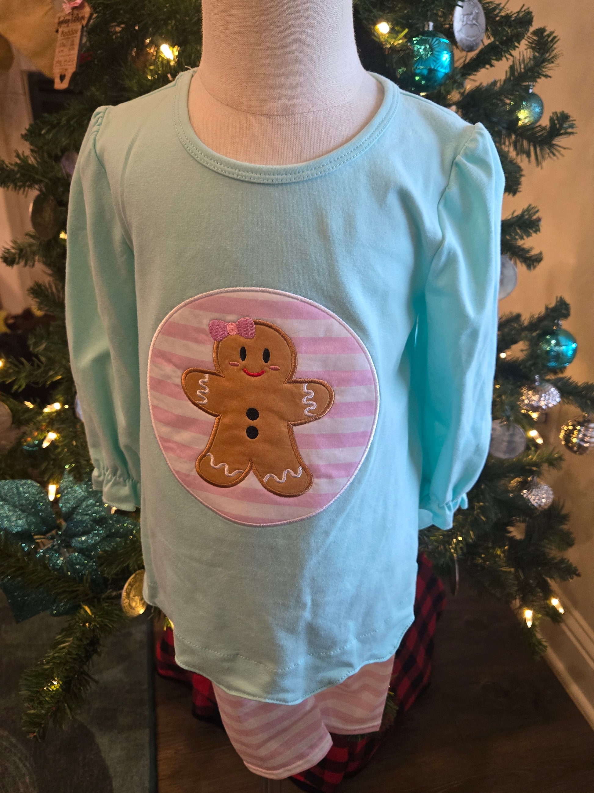 Blue Gingerbread Applique Ruffle Girls Pants Set Honeydew