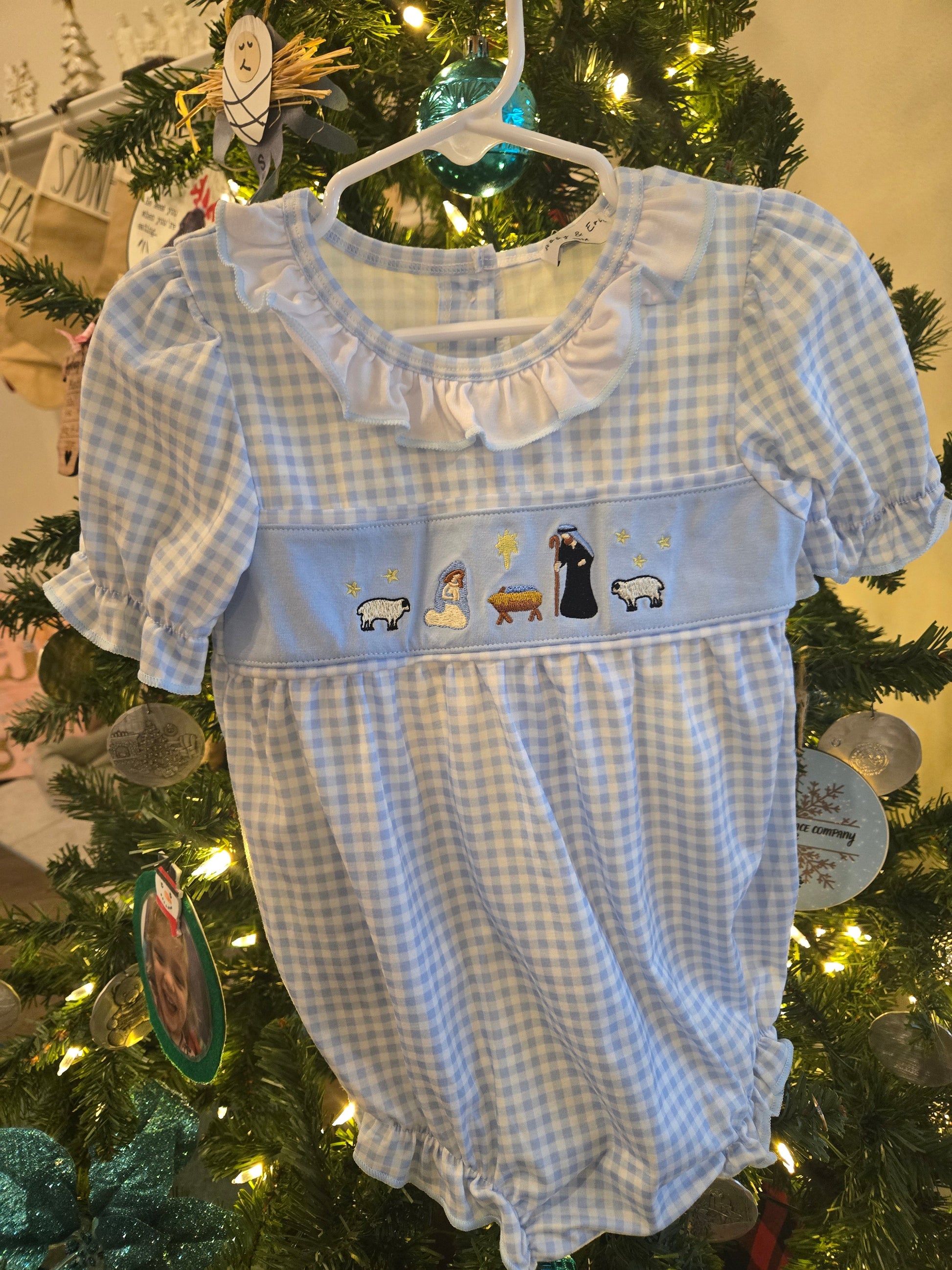 Blue Nativity Embroidery Girl Ruffle Bubble Honeydew