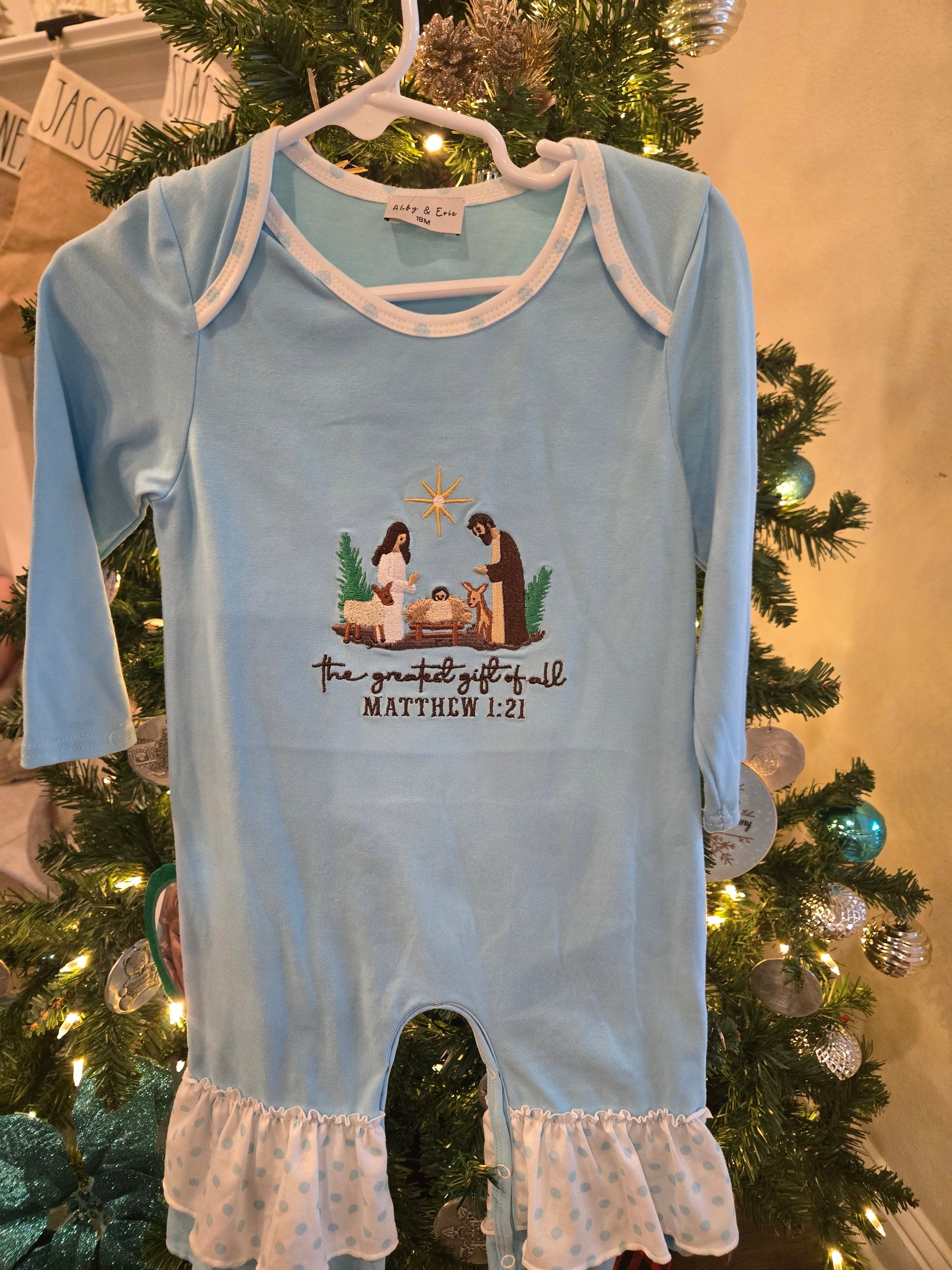 Blue Nativity Embroidery Ruffle Girl Romper Honeydew