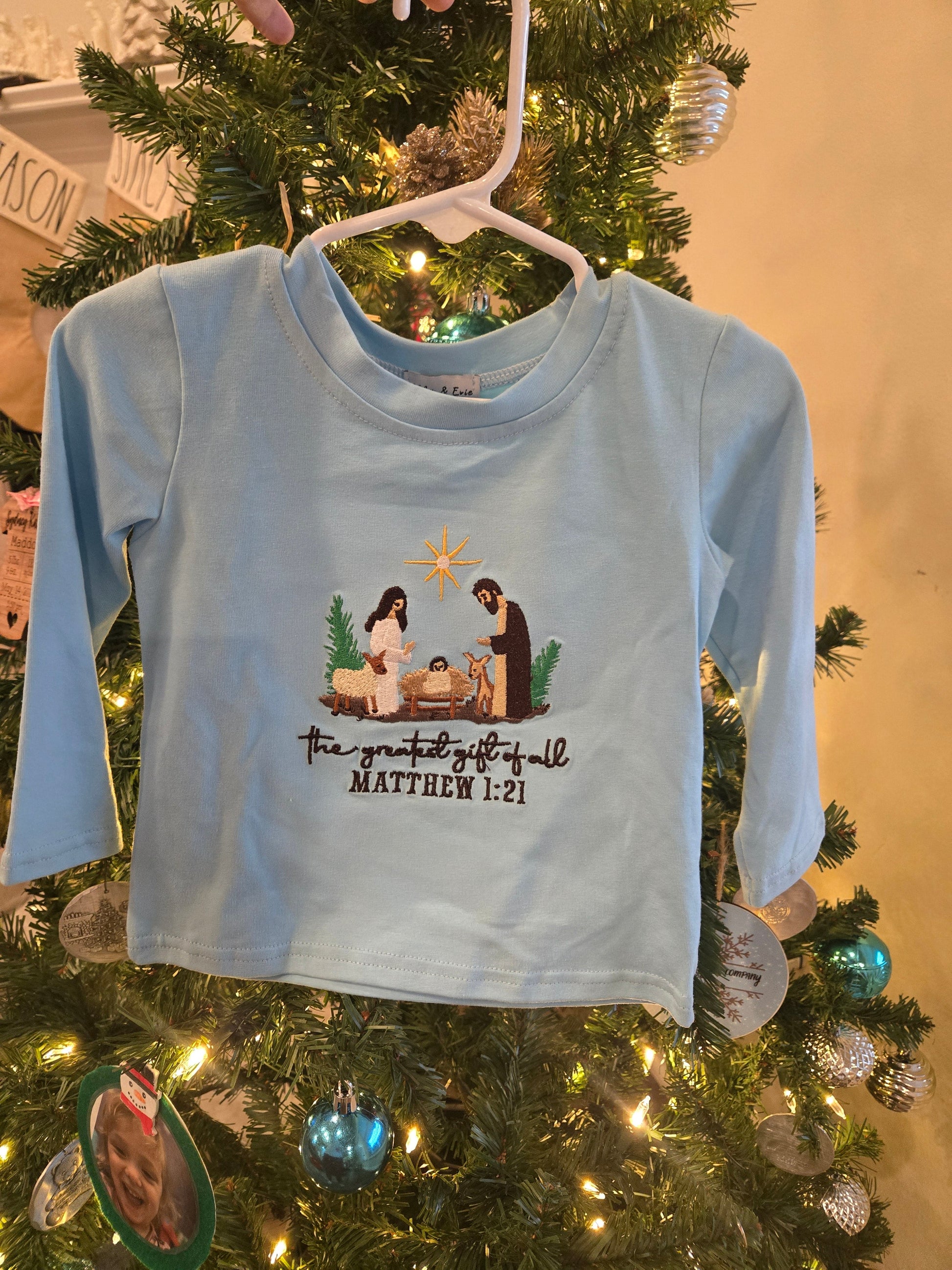 Blue Nativity Embroidery Boy Shirt Honeydew