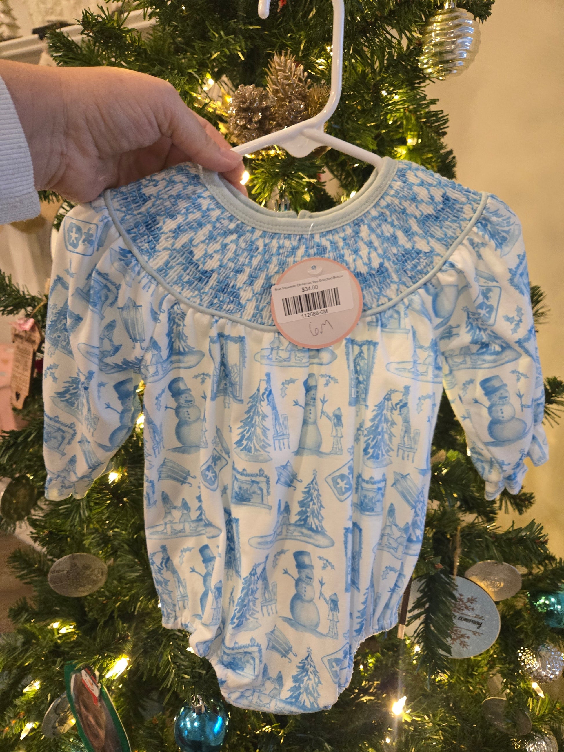 Blue Snowman Christmas Tree Smocked Bubble Honeydew