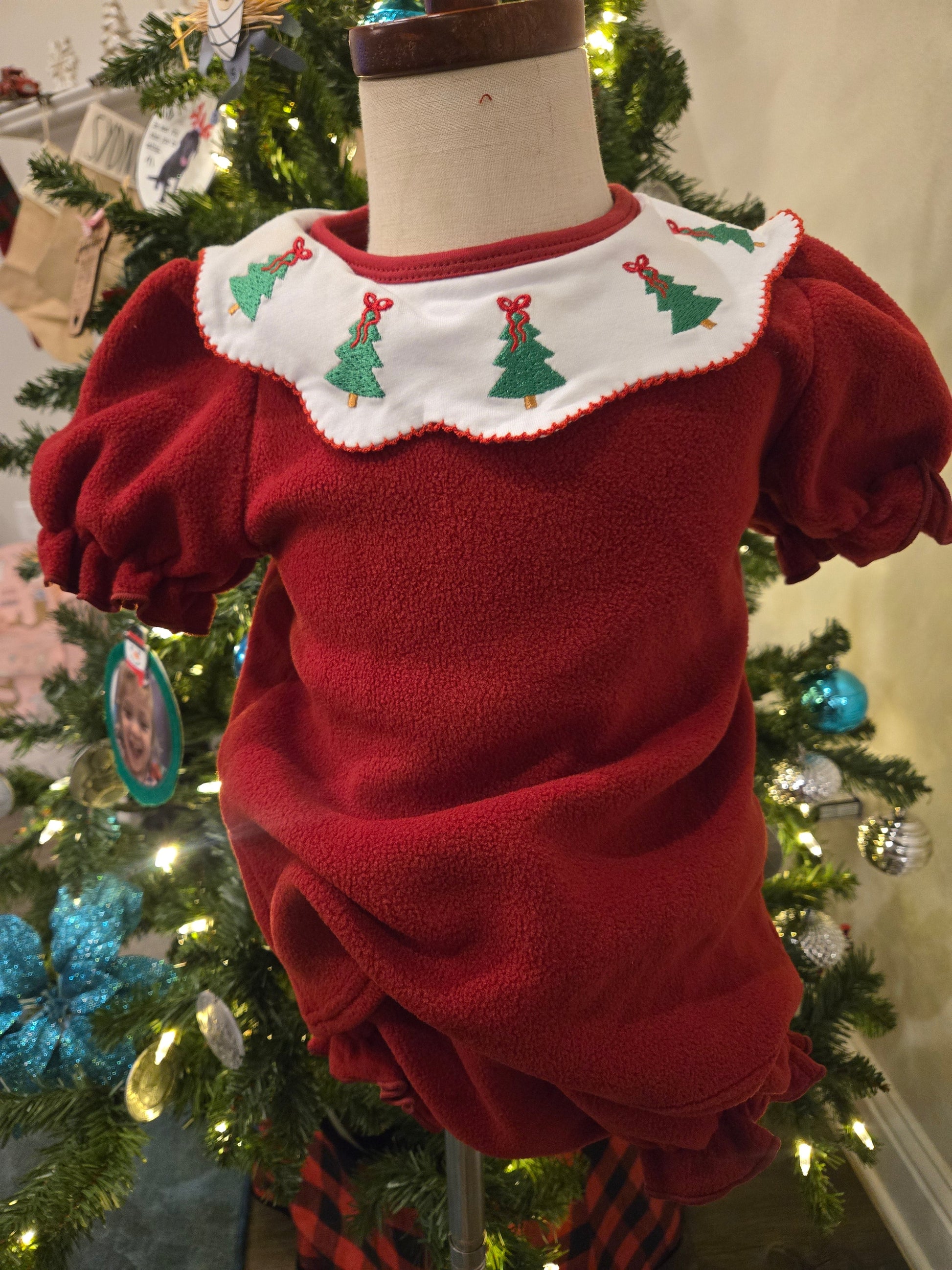 Red Christmas Tree Embroidery Fleece Bloomer Set Honeydew
